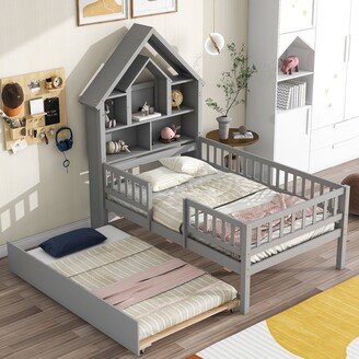 GEROJO Gray Pine House-Shaped Bed with Trundle