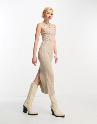 ribbed racer neck bodycon midi dress in sand