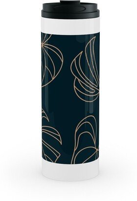 Travel Mugs: Minimalist Monstera Leaves - Dark Stainless Mug, White, 16Oz, Blue