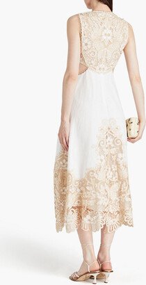 Guipure lace-paneled linen midi dress