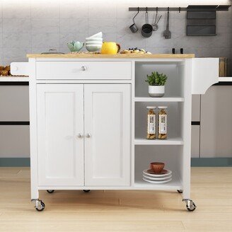 White Drop Leaf Table Top Kitchen Island with Lockable Wheels, Towel Rack, Drawer and Shelves