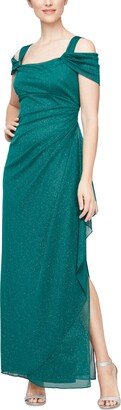 Cold-Shoulder Draped Metallic Petite Gown