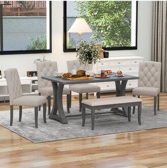 6 PCS Wood Dining Table Set, Rectangular Trestle Table and 4 Upholstered Chairs & Bench for Dining Room, Gray