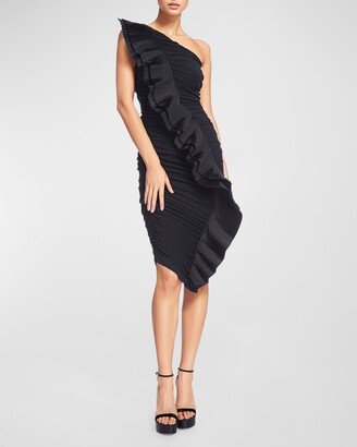 Shirred One-Shoulder Ruffle Midi Dress