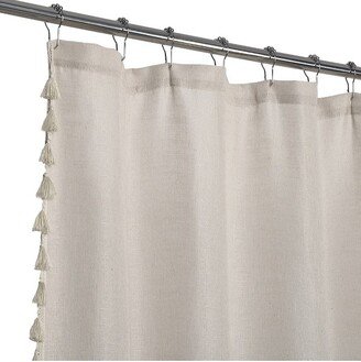 Linen Blend Fabric Shower Curtain with Vintage Boho Chic Tassels