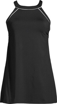 Women's Petite High Neck Swim Dress One Piece Swimsuit Adjustable Straps - Black/white