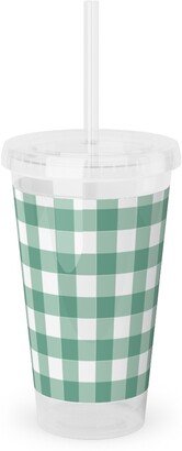 Travel Mugs: Simple Gingham Acrylic Tumbler With Straw, 16Oz, Green