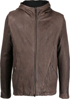 Zip-Up Hooded Leather Jacket-AB