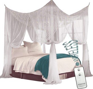 Just Relax Four Corner Post Bed Canopy Set With LED Lights and Remote, White, Full-Queen-King