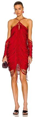 Shiny Viscose Fringe Knit Dress in Red