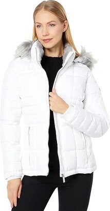 Short Faux Fur Trimmed Puffer (White) Women's Clothing