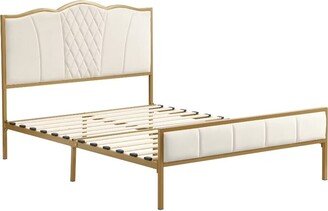 Golden Metal Upholstered Platform Bed Frame with Wood Slat Support