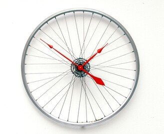 Bike Wheel Clock, Large, Wall, Gear, Cycle, Steampunk, Bicycle, Modern, Road, Repurpose, Reuse, Upcycle, Recycle, Red, Silver, Battery, Chain