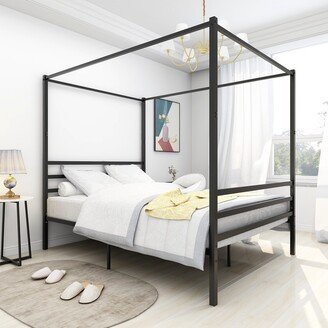 Metal Canopy Bed Frame, Stable and durable metal platform , Queen Black-AA