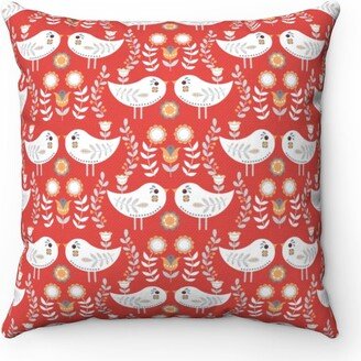 Scandinavian Folk Art, Throw Pillow Cover, Red Birds Floral, Vintage, Boho, Norwegian Nordic, Swedish Farmhouse Decorative Pillowcase