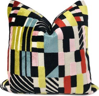 Multicolor Velvet Geometric Pillow Cover - Colorful Blocks & Stripes in Red, Yellow, Pink, Aqua Blue, Cream Black