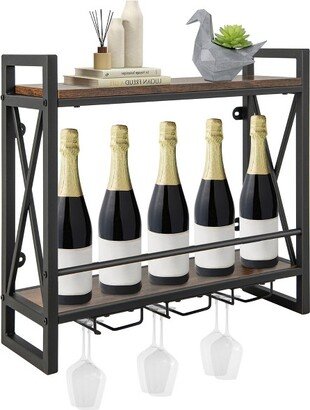 Wall Mounted Wine Rack Industrial 2-Tier Wood Shelf with 3 Stem Glass Holders-AA