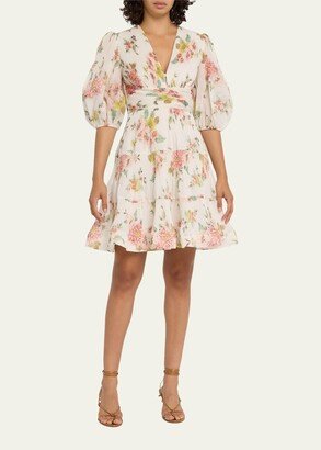 Floral Pleated Puff-Sleeve Mini Dress