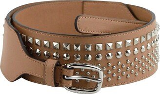 Women's Studded Skinny Silver Buckle Beige Leather Belt 388985 2754