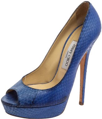 Blue Python Embossed Leather Peep Toe Platform Pumps Size 39