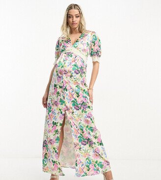 Hope & Ivy Maternity ruffle wrap maxi dress in blue floral print