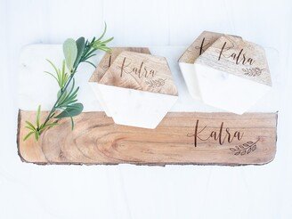 Personalized White Marble & Wood Board Coaster Set, Custom Gift Box Client Appreciation Gift, Mango Appetizer