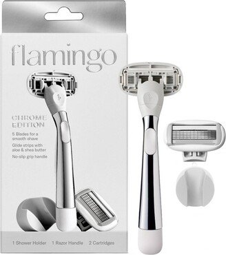 Flamingo 5-Blade Women's Razor - 1 Razor Handle + 2 Razor Blade Refills - Polished Chrome