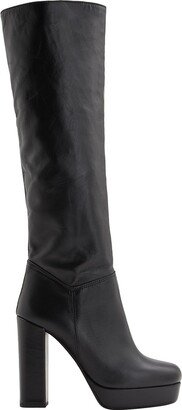 Leather Platform Tall Boots Knee Boots Black