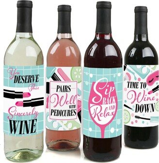 Big Dot Of Happiness Spa Day - Girls Makeup Party Decor - Wine Bottle Label Stickers - 4 Ct