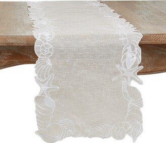 Saro Lifestyle Table Runner with Embroidered Seashells Design, 14x72, White