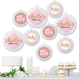 Big Dot of Happiness Hello Little One - Pink and Gold - Hanging Girl Baby Shower Tissue Decoration Kit - Paper Fans - Set of 9