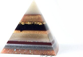 Glow in The Dark Resin Crystal Pyramid Rose Gold, Gold Foil, Bronze Taupe & Layers Of Iridescent Glitter - Decorative Paperweight
