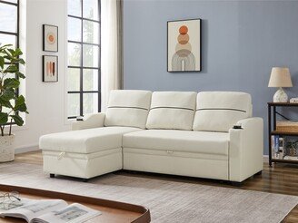 RASOO L-shape Sectional Sofa Linen Pull-out Corner Broaching Bed with Chaise Longue Storage-AA