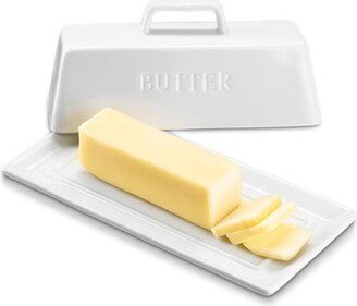 Ceramic Butter Dish with Handle Cover Design, 7.5 Inch Wide, White