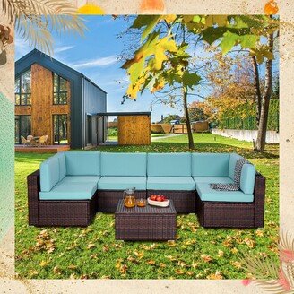 TOSWIN Patio Furniture Set, Rattan Wicker Sectional Sofa with Waterproof Teal Cushions and Table