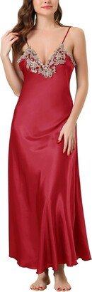 cheibear Women Satin Sleevele Nigthgown Lace Trim Sleep Dre Sleepwear Pajama Dre Red X-Small