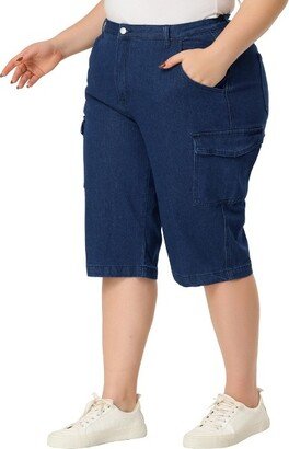 Agnes Orinda Women's Plus Size Jeans Zipper Slash Pocket Button Denim Cargo Shorts Dark Blue 1X