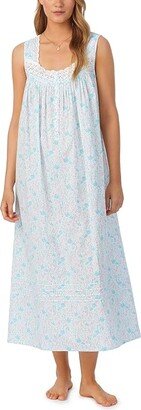 Cotton Lawn Sleeveless Ballet Gown (White Aqua) Women's Pajama