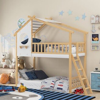 Aoolive Twin Over Twin Bunk Bed Wood Bed with Roof, Window, Ladder