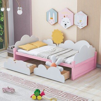 NOVABASA Pine Wood Twin Daybed with Storage Drawers,Unique Kids Bed Platform Bed with Clouds and Sunflower Decor，White Pink