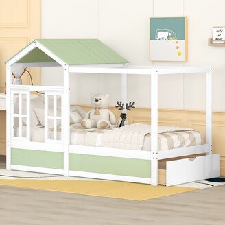 EDWINRAY Twin House Bed for Kids Girls Boys, Solid Wood Platform Bed Frame w/ Storage Drawers, Roof & Window, No Box Spring Needed, Green