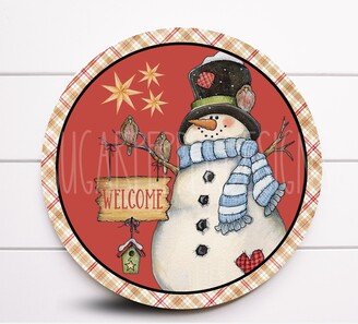 Wreath Sign, Welcome Snowman Christmas Primitive Winter Sugar Pepper Designs, Sign For