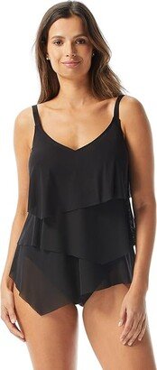 Classic Solid Bra Sized Tiered Mesh Tankini (Cast Black) Women's Swimwear