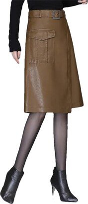 Hdhdeueh Women PU Leather A-Line Skirt High Waisted Office Knee-Length Bodycon Asymmetrical Skirts Khaki L