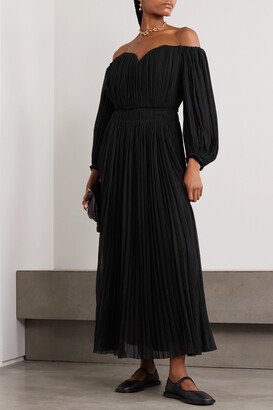 Off-the-shoulder Pleated Wool-chiffon Maxi Dress - Black