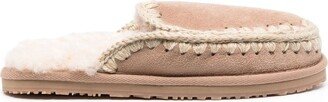 Contrast-Stitching Shearling Slippers