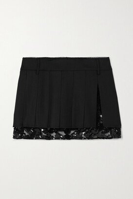 Brone Pleated Wool-twill And Sequined Tulle Mini Skirt - Brown