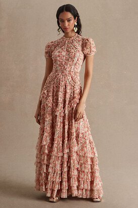 High-Neck Puff-Sleeve Mesh Ruffle Gown