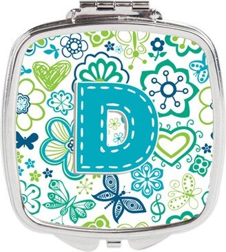 CJ2006-DSCM Letter D Flowers & Butterflies Teal Blue Compact Mirror