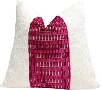 Magenta Fuchsia & Off White Velvet Throw Pillow Cover | White Color Block, , Shams, Lumbar